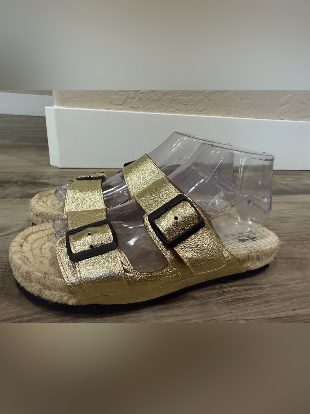 Manebí Gold Metallic Leather Double Buckle Espadrille Sandals
